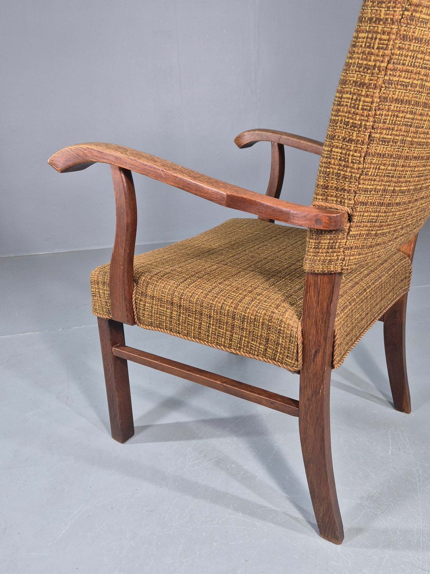Vintage Elbow Chair 1950s Danish Oak Frame Green Wool Upholstery EB12004