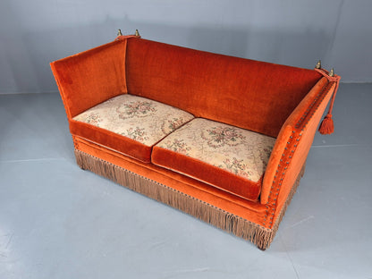 Vintage Danish Knole Sofa 2 Seater Red Velour Floral Cream Cushions EB12725