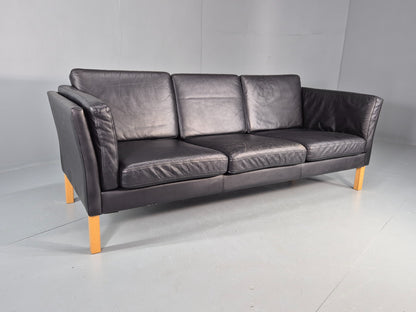 Vintage Danish 3 seater Sofa Black Leather 1980s Retro MCM EB12453