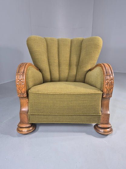 Vintage Art Deco Lounge Chair Danish Oak Shell Back 1940s Retro Green EB12693