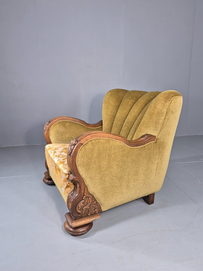 Vintage Danish Art Deco Lounge Chair Carved Oak Frame 1940s Green Floral 12838