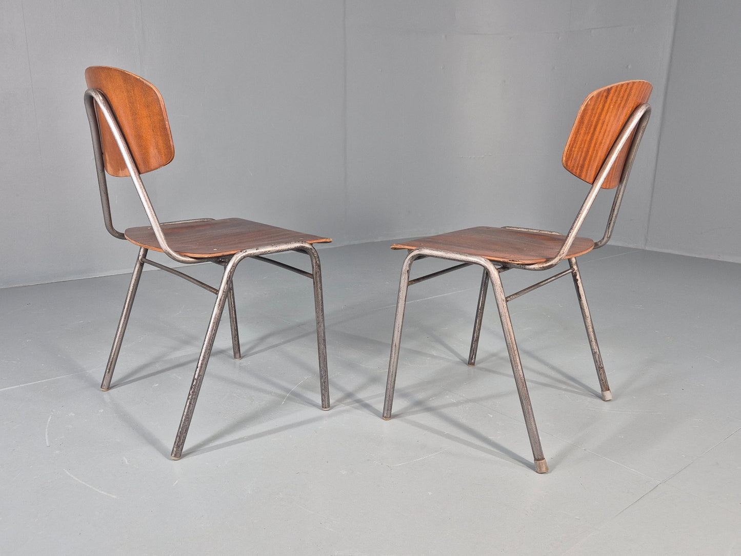 2 Vintage Danish Stacking Industrial Chairs Teak Ply and Steel 1960s  EB12401