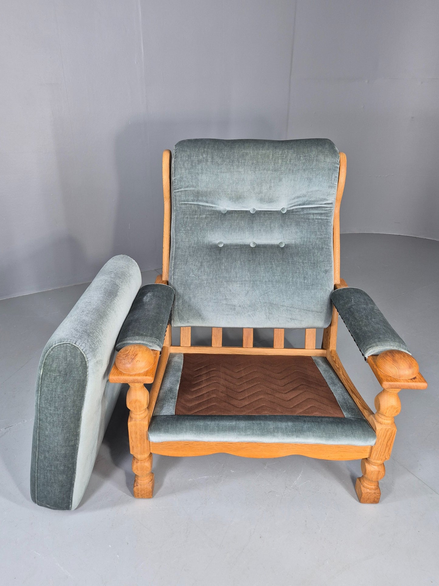 Vintage Danish 1970s Oak Lounge Chair Blue Velour Upholstery Retro EB12709