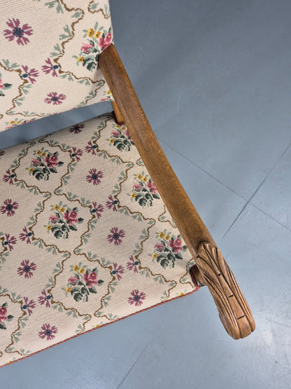 Vintage Danish Baroque Armchair Carved Oak Frame Tapestry Seat EB12113