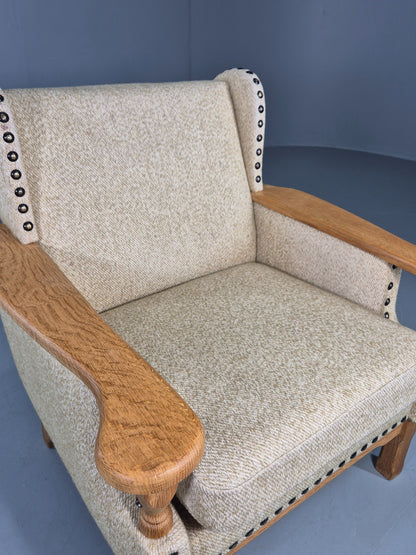Vintage 1970s Lounge Chair Low Wing Back Kjaernulf Style Oak Retro Cream EB12719