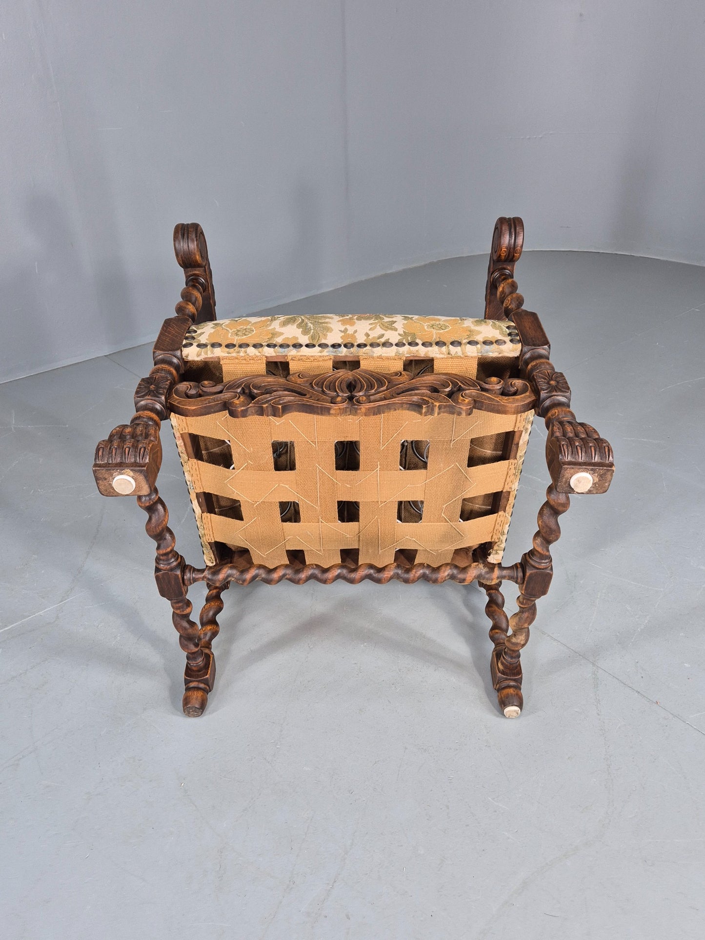 Vintage Baroque Style Armchair Carved Oak Frame 1950s Danish Antique EB12700