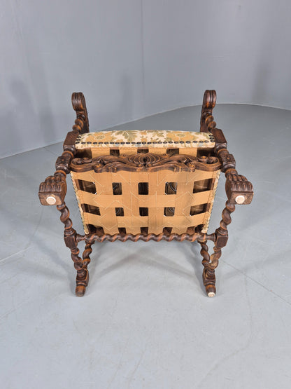 Vintage Baroque Style Armchair Carved Oak Frame 1950s Danish Antique EB12700