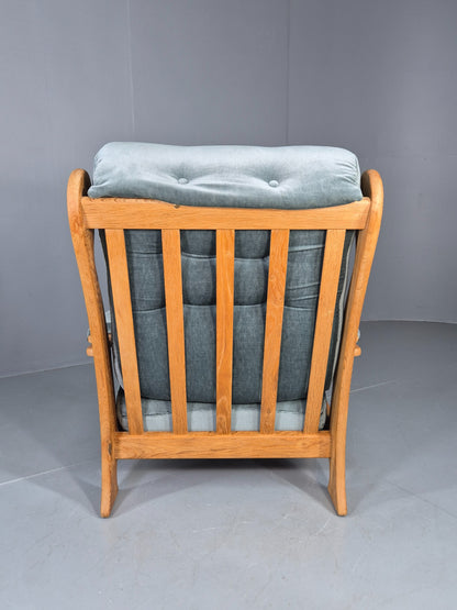 Vintage Danish 1970s Oak Lounge Chair Blue Velour Upholstery Retro EB12709