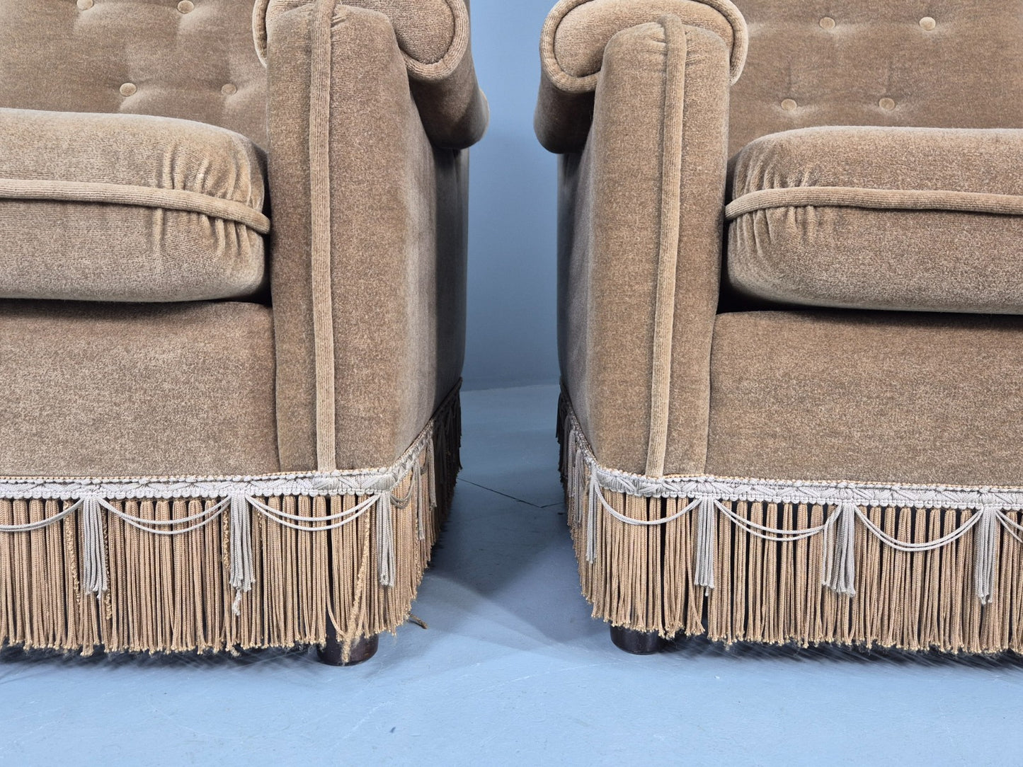 Vintage 1970s Lounge Chairs Green Velour Tassels Wing Back Danish Retro EB12137