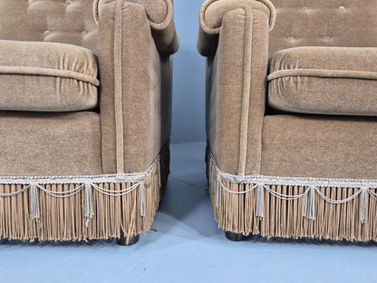 Vintage 1970s Lounge Chairs Green Velour Tassels Wing Back Danish Retro EB12137