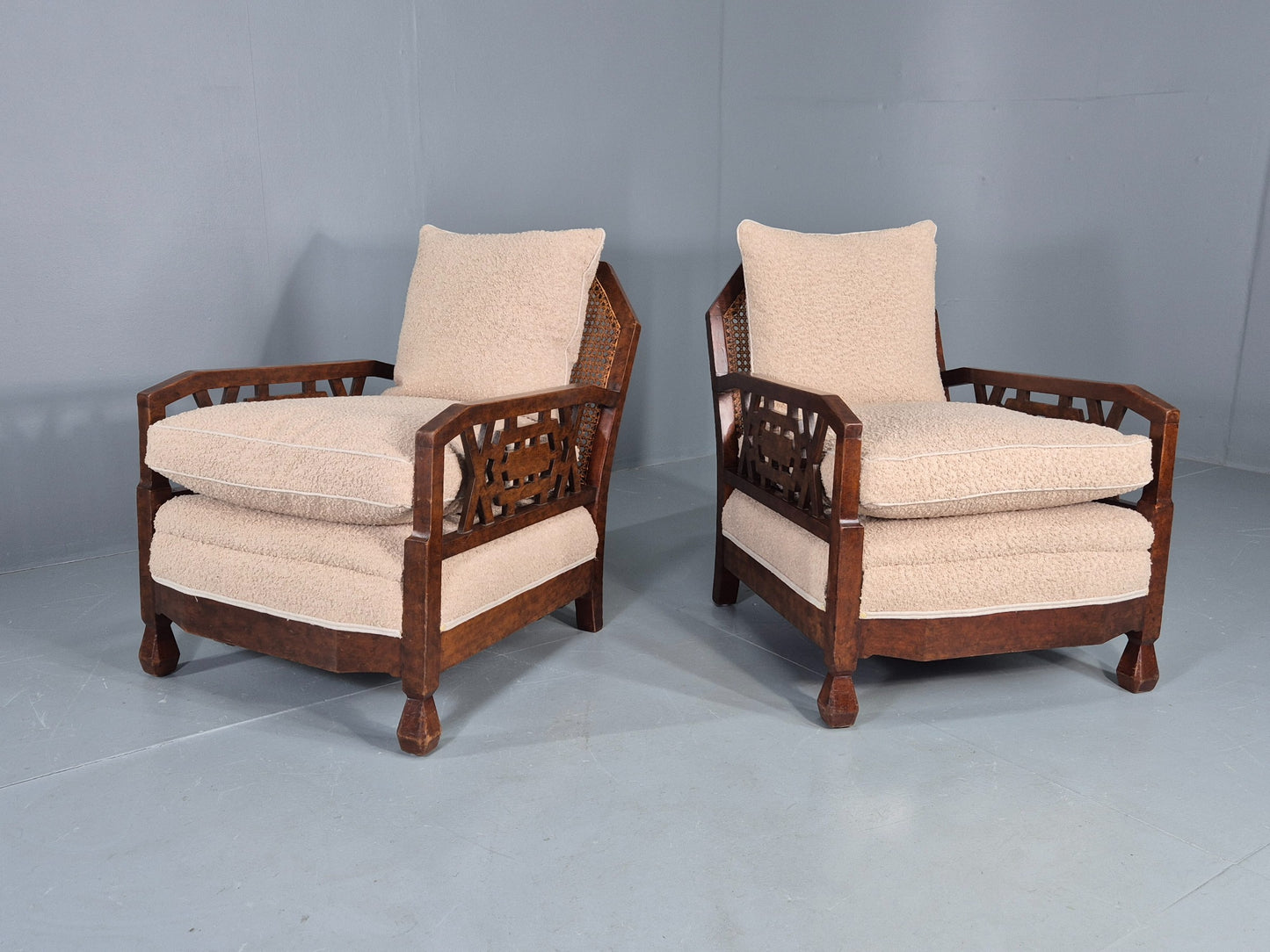 Vintage Art Deco Pair Armchairs Dappled Walnut White Boucle Bergere EB12556