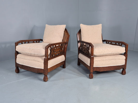Vintage Art Deco Pair Armchairs Dappled Walnut White Boucle Bergere EB12556