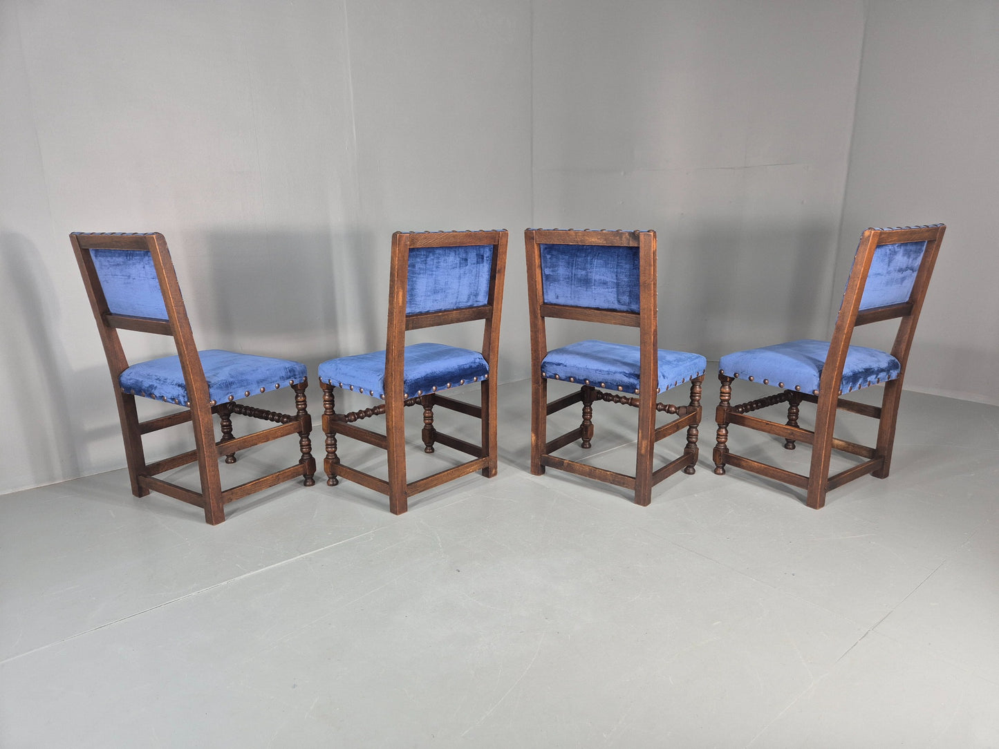 Antique Louis XIII Style Oak Dining Chairs Blue Velour Upholstery EB12795