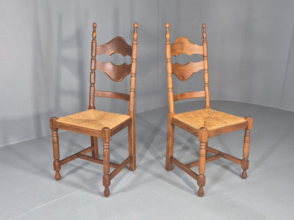 Vintage Spanish Style Country Chairs Rush Seated Oak Frames EB11951