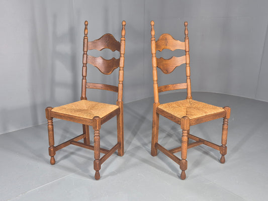 Vintage Spanish Style Country Chairs Rush Seated Oak Frames EB11951