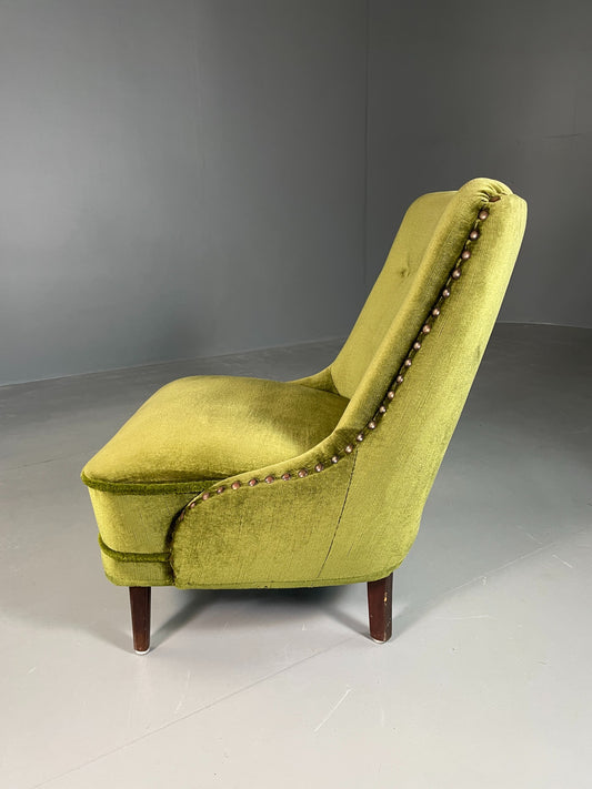 Vintage Cocktail Chair 1950s Danish Green Velvet Velour Retro EB06603