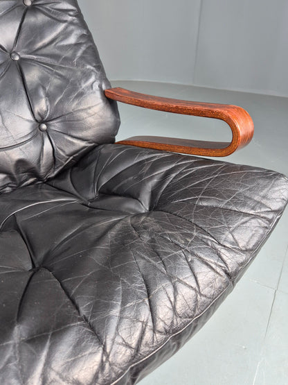 Vintage Mid Century Lounge Chair Black leather Skyline Model 1970s Retro EB12126