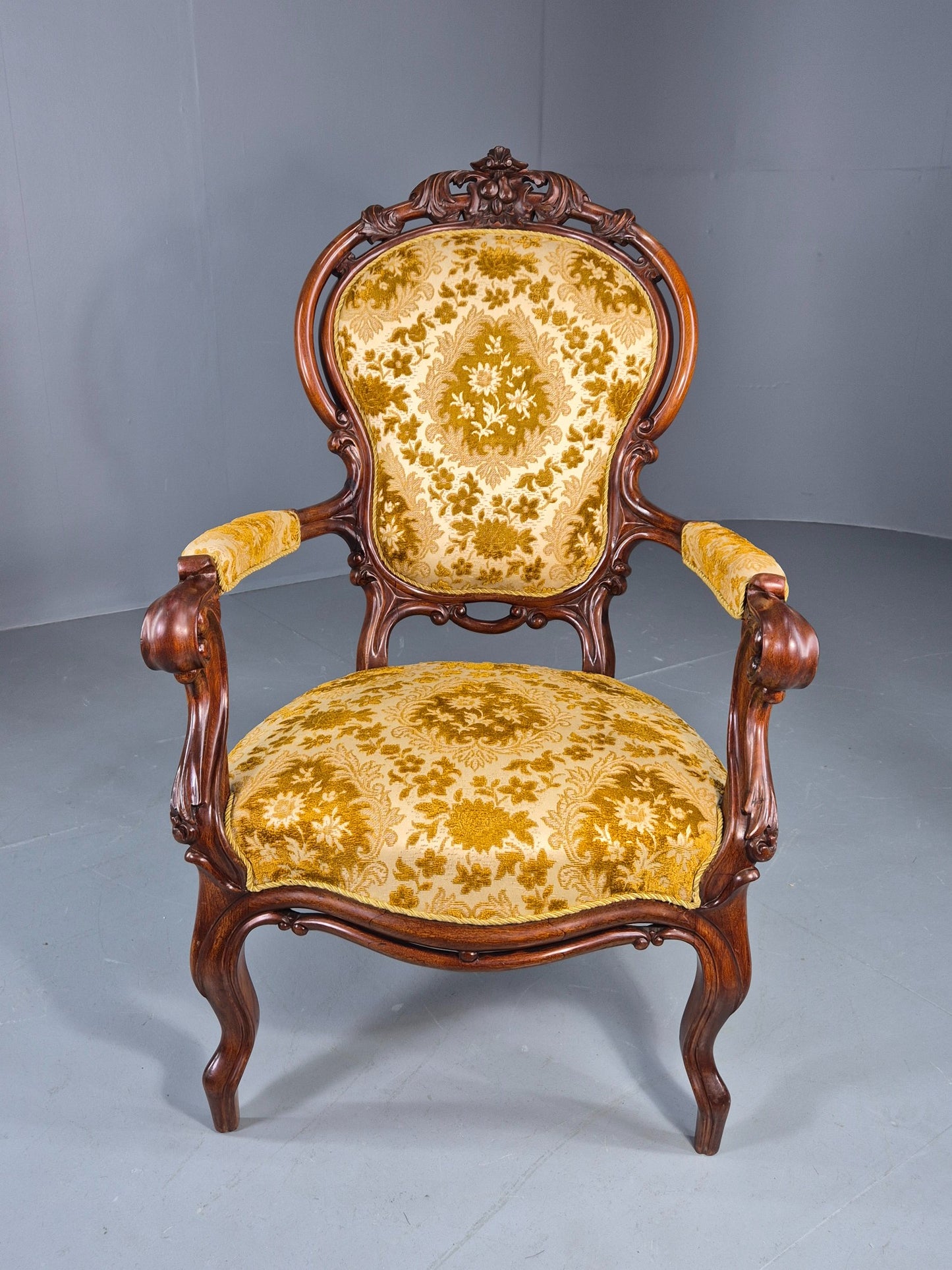 Antique Baroque Revival Arm Chair Carved Frame Gold Moquette Upholstery EB12740