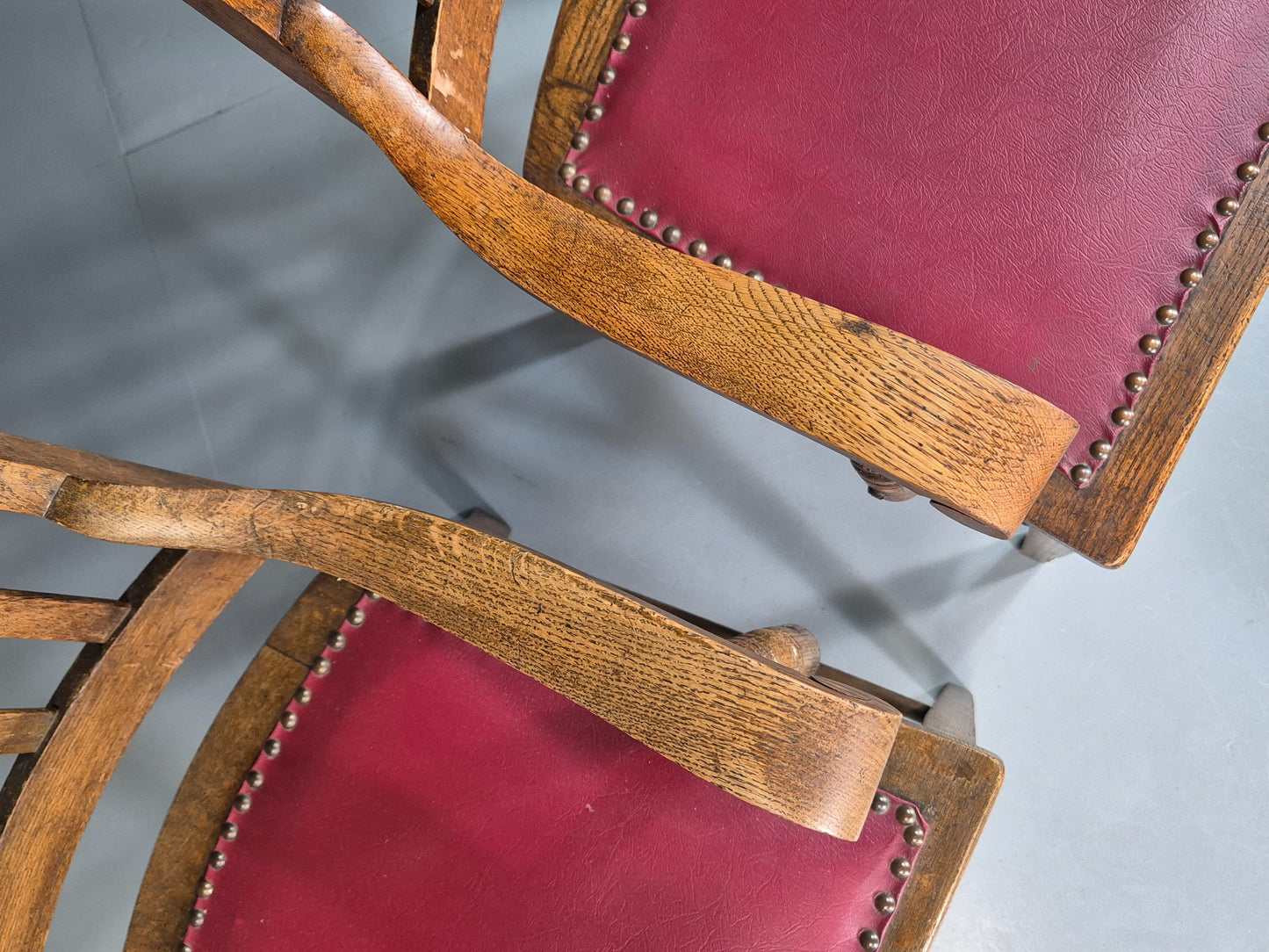 2 Antique Elbow Chairs Danish Oak Frame Red Leather 1900s EB07393