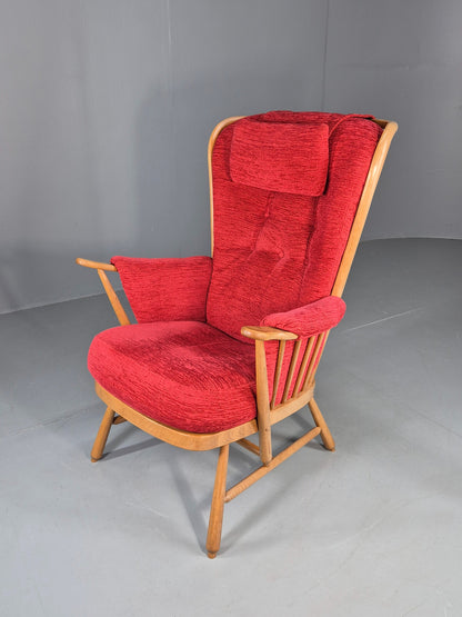 Ercol Evergreen Vintage Lounge Chair High Back Red Chenille Retro EB12859