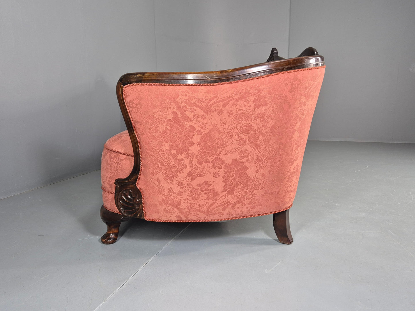 Vintage Danish Art Deco 3 Seater Sofa Carved Hardwood Frame Pink Damask EB12742