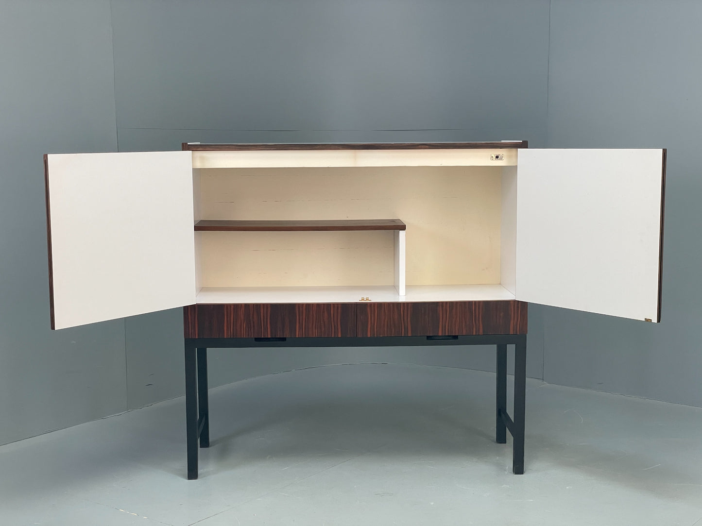Vintage Cabinet White Formica Darkwood Retro 1960s Shelving Mid Century EB12517