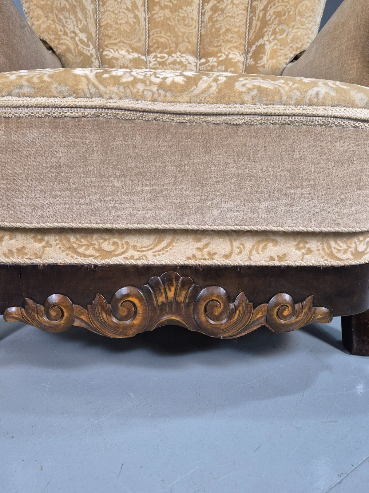 Vintage Danish Lounge Chair Beige Gold Upholstery Carved Frame 1930s EB7779 VCAR