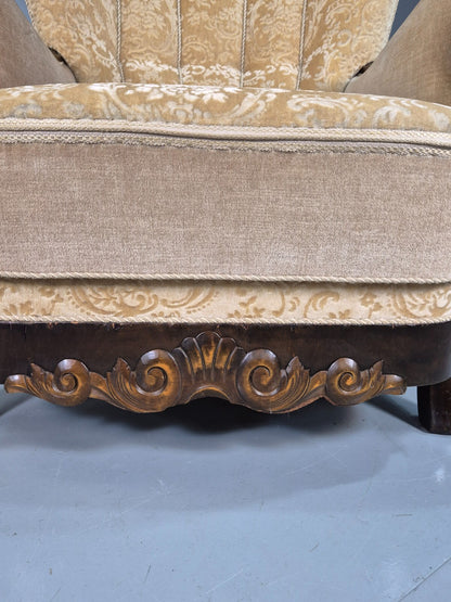Vintage Danish Lounge Chair Beige Gold Upholstery Carved Frame 1930s EB7779 VCAR
