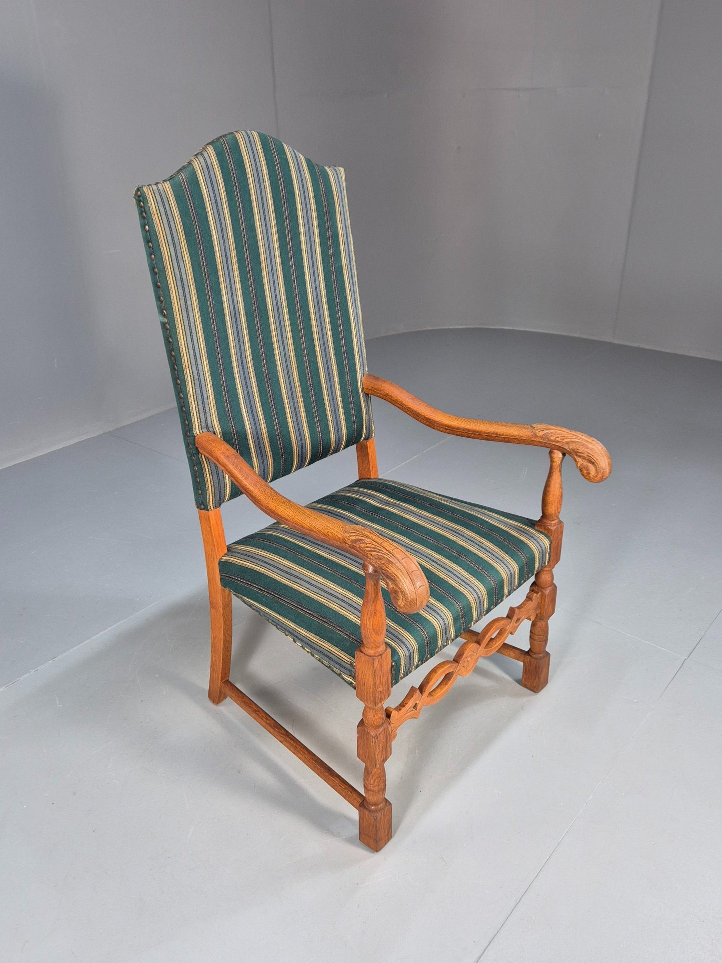 Baroque Style Throne Armchair Oak Frame Wool Stripe Upholstery EB08988