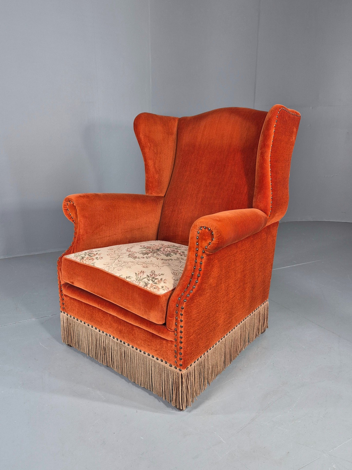 Vintage Wing Back Lounge Chair Danish 20th Century Orange Cream Tassels  EB12707