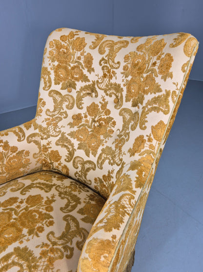 Vintage Danish 1970s Bedroom Tub Chair Gold Floral Flock Tassels EB12685
