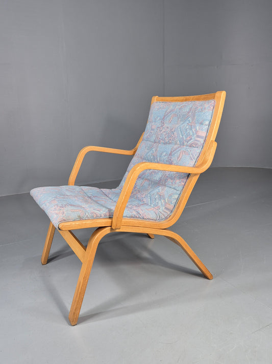 Vintage Mid Century Danish Bentwood Chair Blue Abstract 1980s Retro EB12107