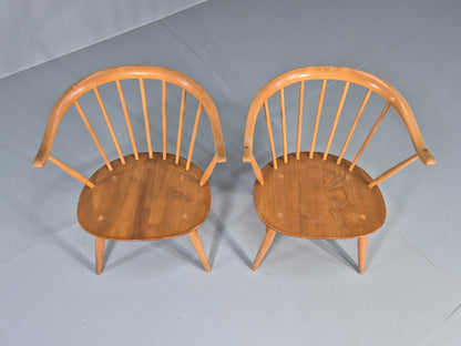 2 Ercol Cowhorn Elbow Chairs Blonde Wood 1960s Short Legged Retro MCM EB12459
