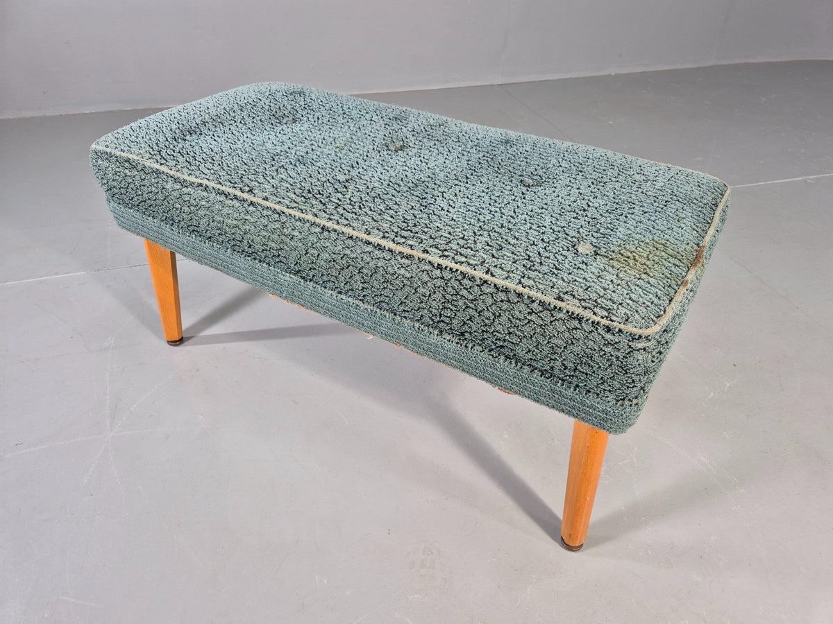 Vintage 1950s Footstool Turquoise Blue Boucle Beech Legs EB12797