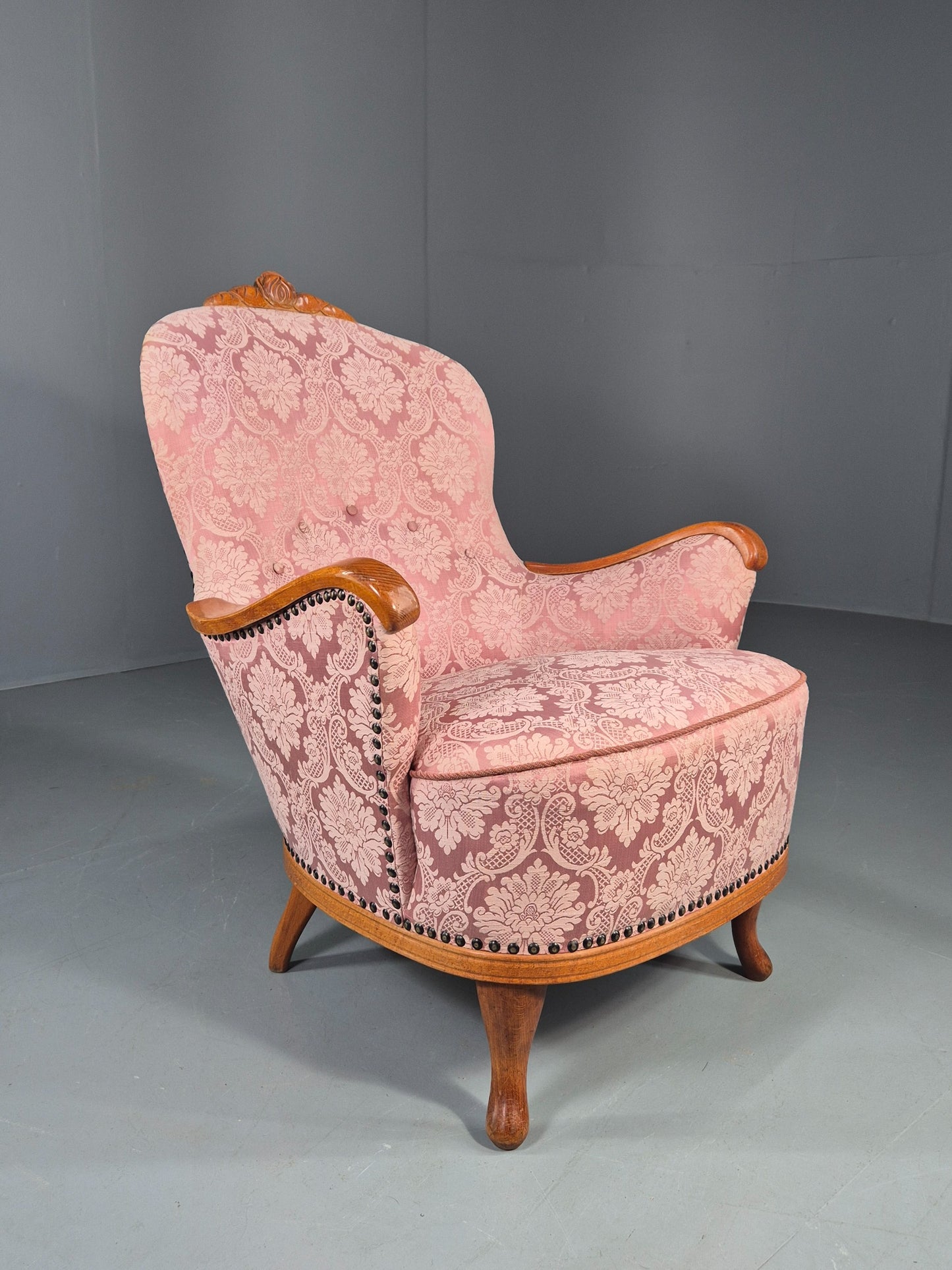 Vintage Danish Rococo Style Arm Chair Pink Floral Damask 20th Century EB12704