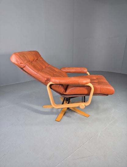 Vintage Danish Lounge Chair Tan Leather swivel and Recline 1970s Retro EB13092
