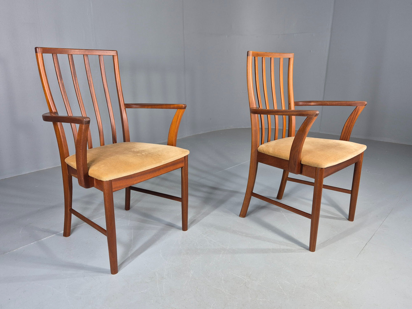 2 Vintage McIntosh Carver Dining Chairs Teak Frames Gold Velour Seats EB12181