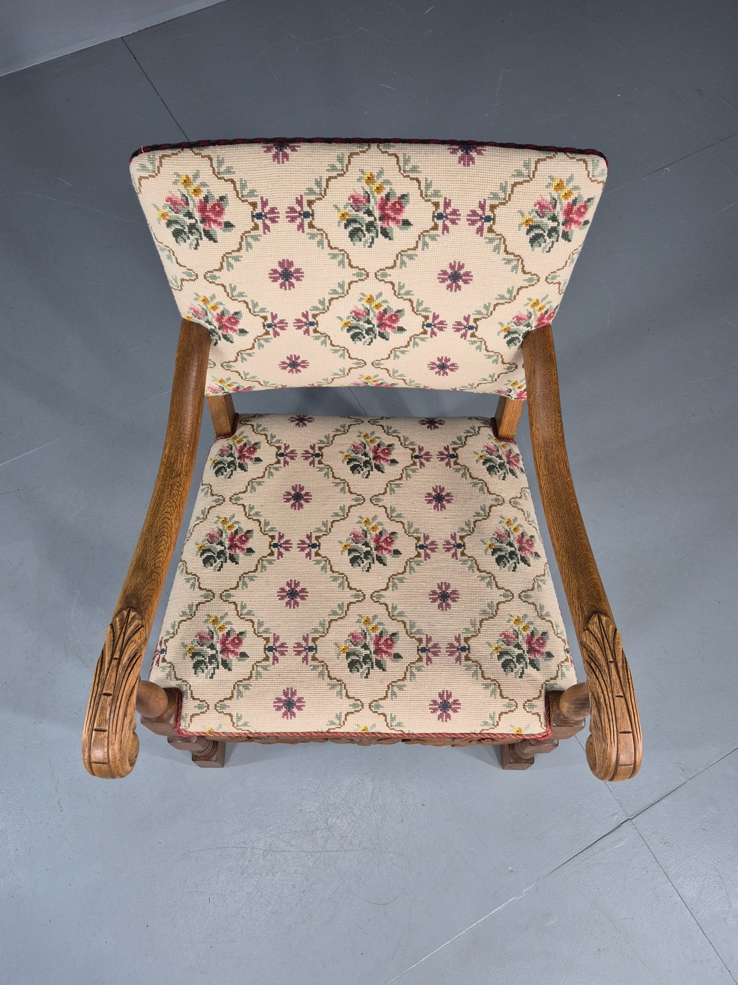 Vintage Danish Baroque Armchair Carved Oak Frame Tapestry Seat EB12113