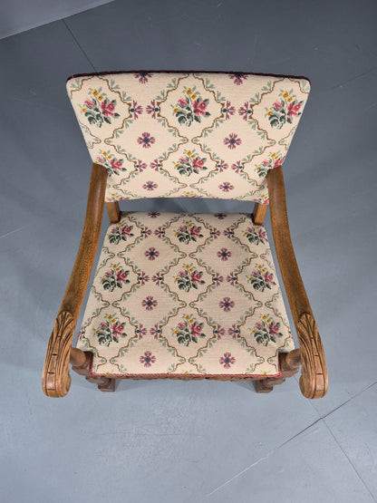 Vintage Danish Baroque Armchair Carved Oak Frame Tapestry Seat EB12113