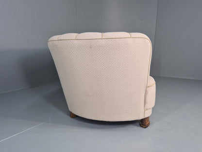 Vintage Danish Banana Sofa Art Deco 3 Seater Cream Cotton Upholstery EB12396