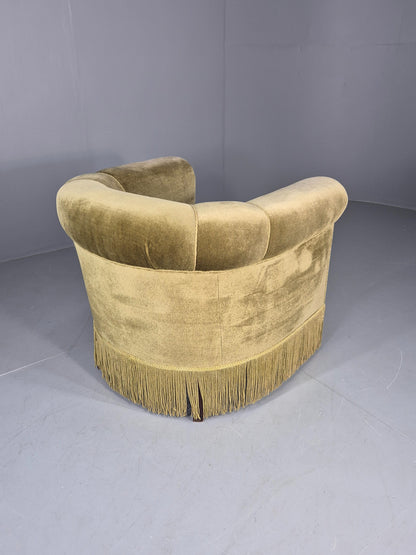 Vintage Danish Art Deco Tub Chair Green Velour Tassels 1940s  EB12710