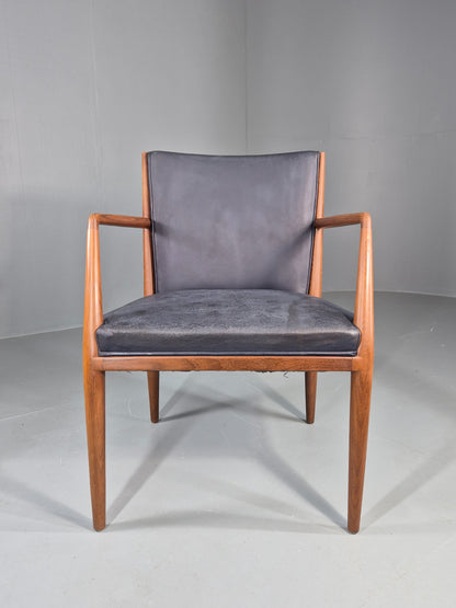 Vintage Mid Century Teak Armchair Blue Leather 1960s Retro EB11898