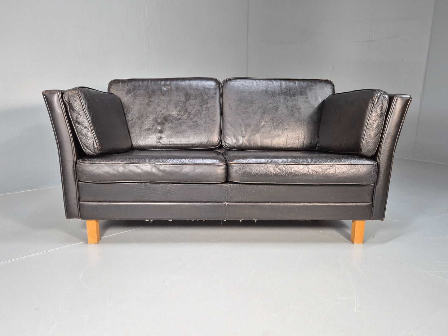 Vintage 2 seater sofa Danish Mid Century Black Leather Retro 1970s EB09407