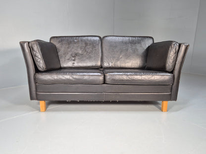 Vintage 2 seater sofa Danish Mid Century Black Leather Retro 1970s EB09407