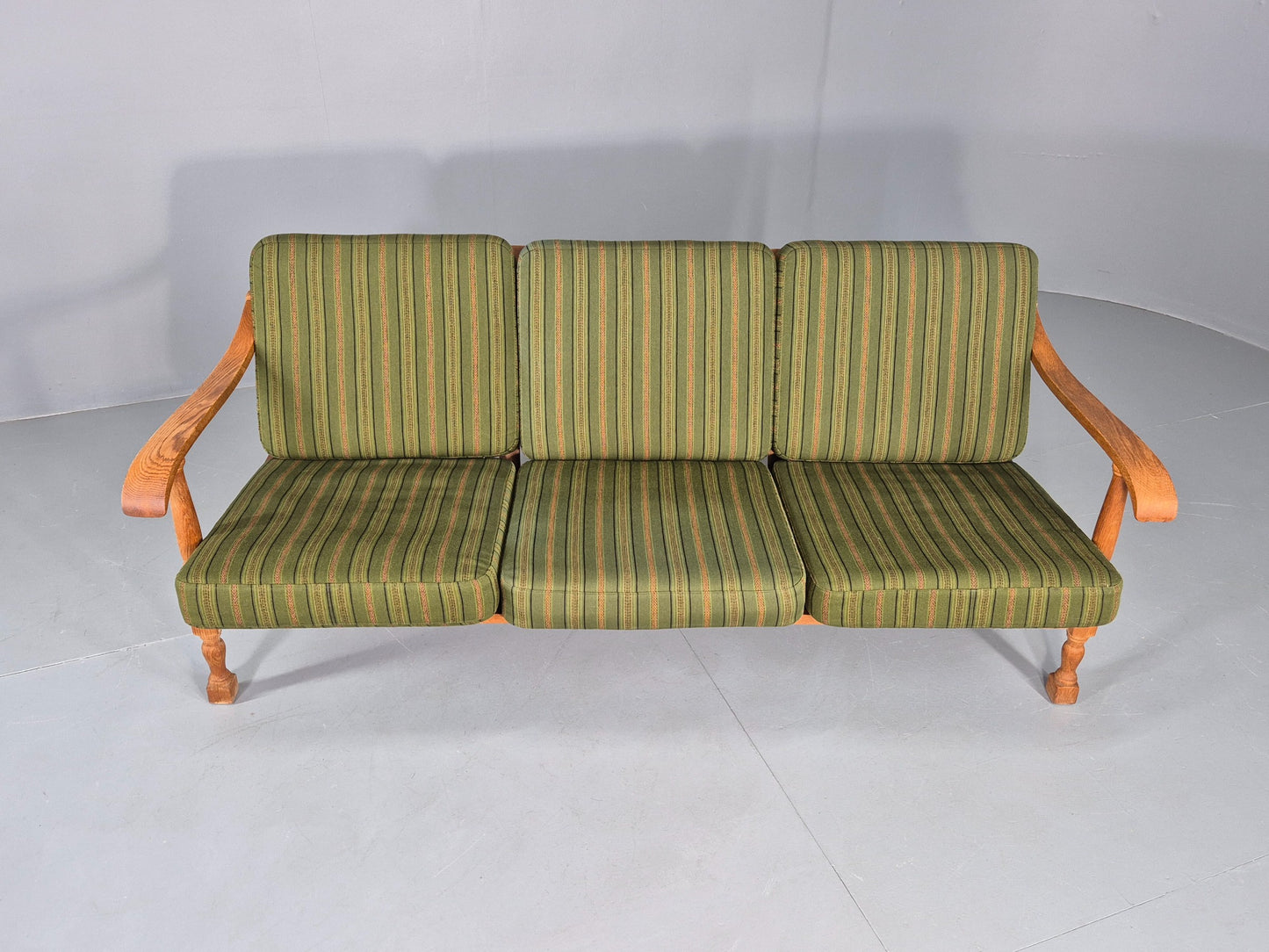 Vintage Danish 3 seater Sofa Oak Kjaenulf Green Cushions 1970s Retro  EB12775