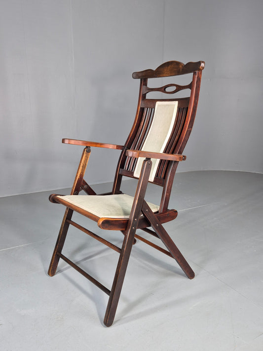 Early 20th Century Folding Campaign Chair Oak Frame Green Velour 1900s EB12796