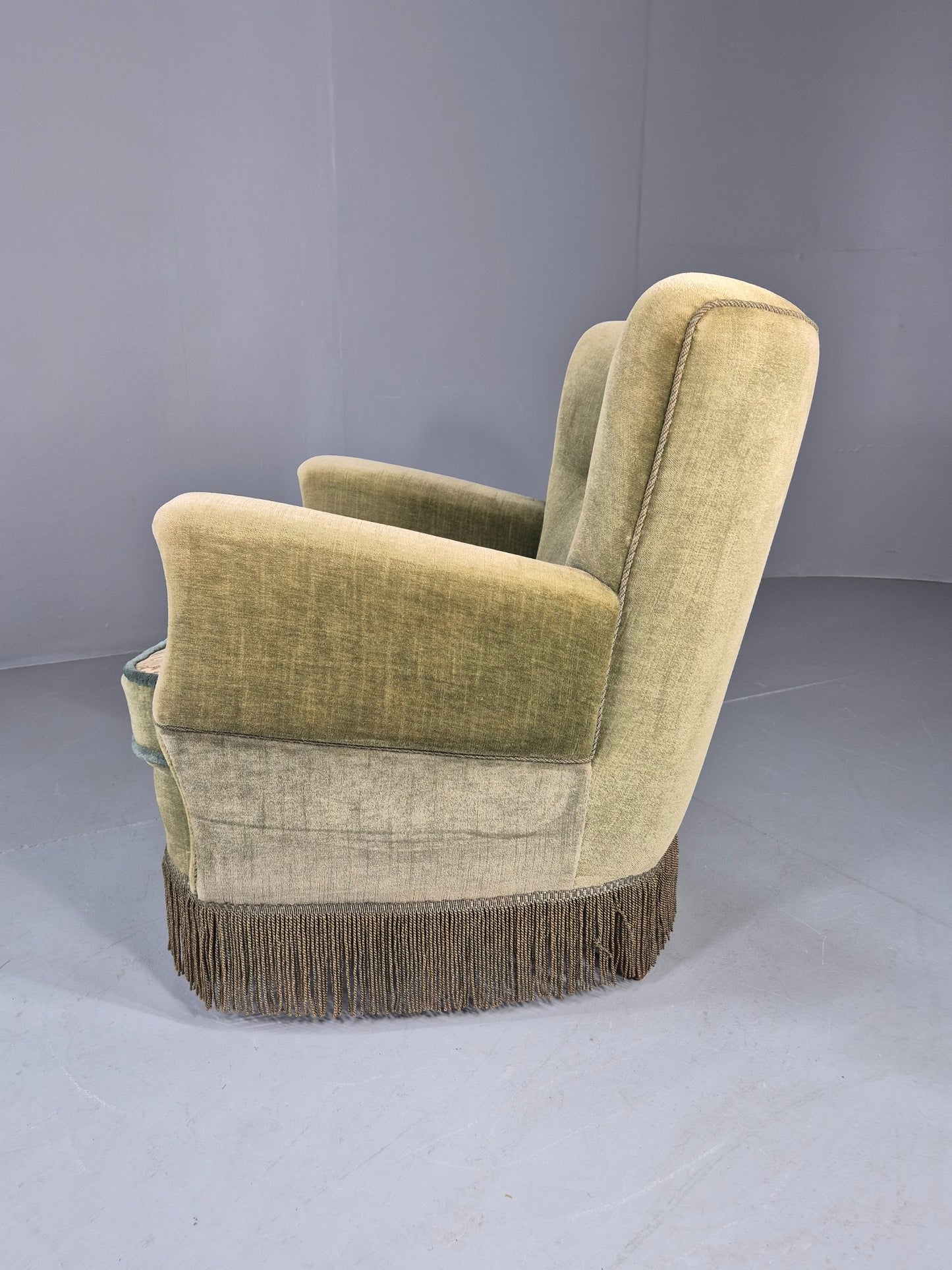 Vintage 1950s Armchair Danish Design Green Velour Tassels Art Deco EB12711