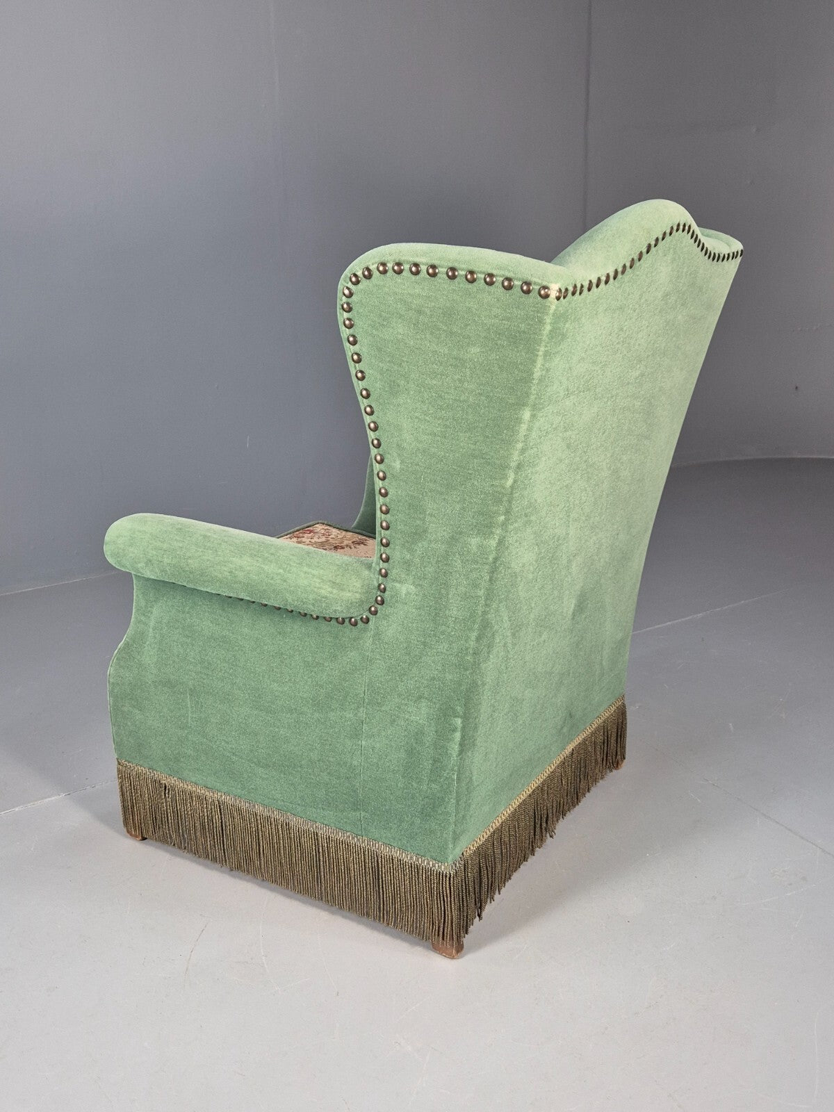 Vintage Danish Wingback Lounge Chair Green and Cream Floral Tassels EB9610 VCLO
