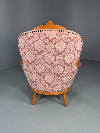 Vintage Danish Rococo Style Arm Chair Pink Floral Damask 20th Century EB12704