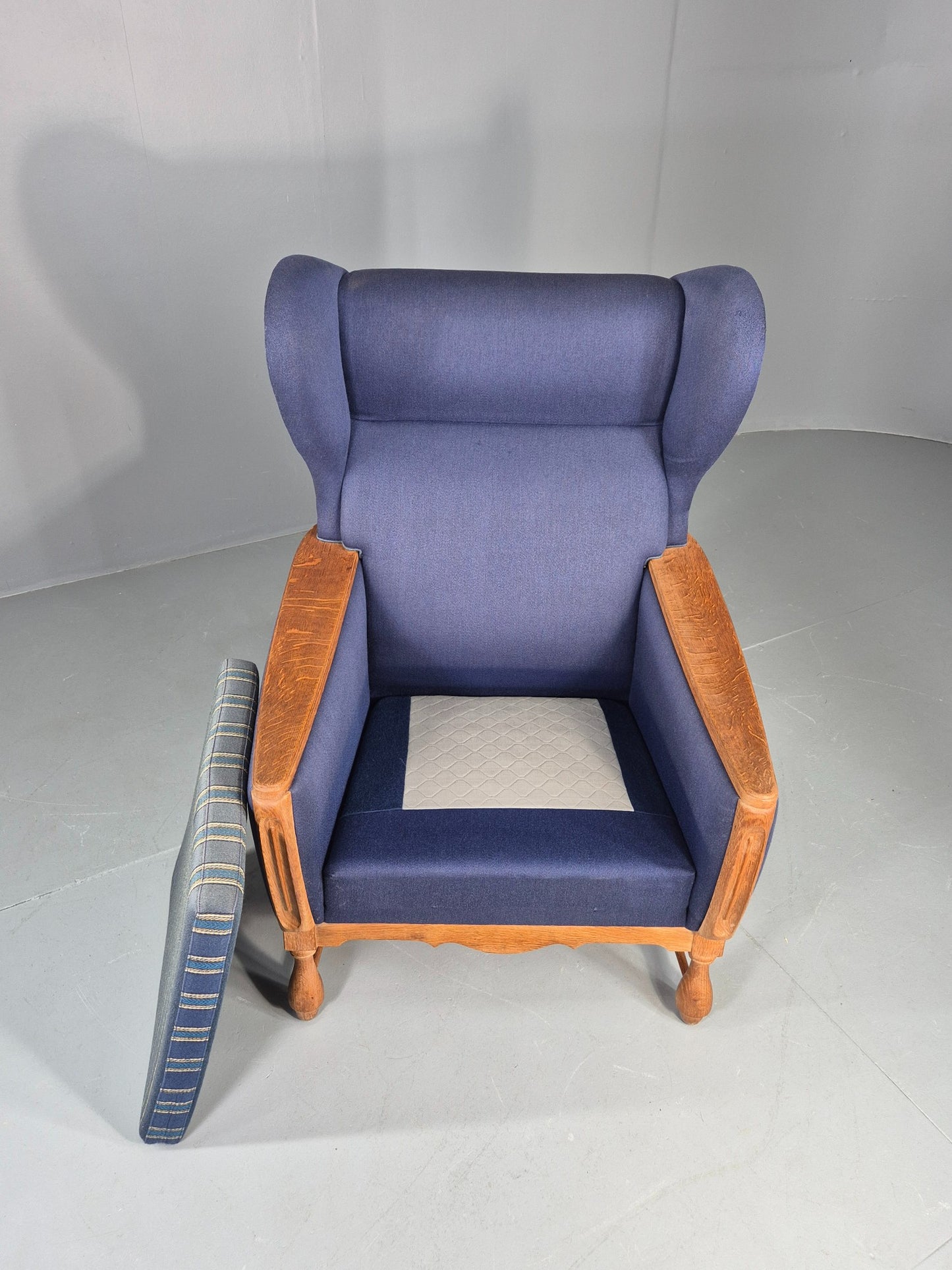Vintage Danish Lounge Wing Chair Oak Frame Blue Wool 1970s  Retro MCM EB12771